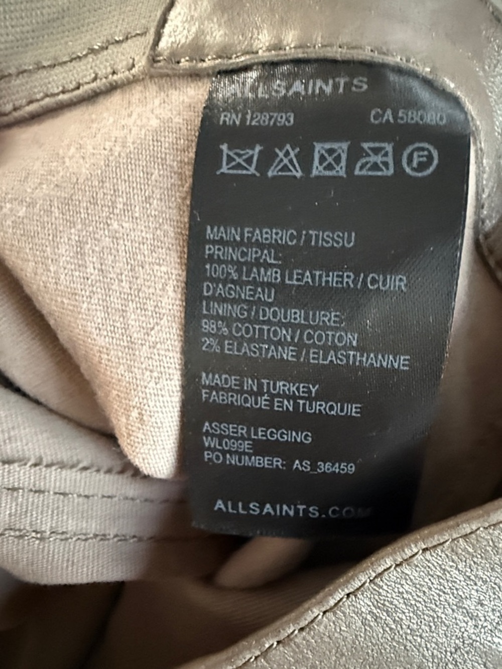 AllSaints Metallic Taupe-Look Lamb Leather Leggings Low rise Pants 4 Moto Tights - Picture 7 of 7